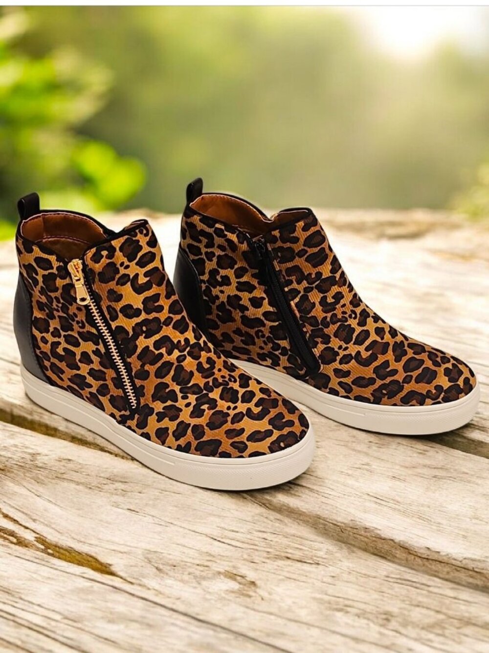 Leopard Print Side-Zip Wedge Sneakers For Women Faux Leather Upper Rubber Sole C